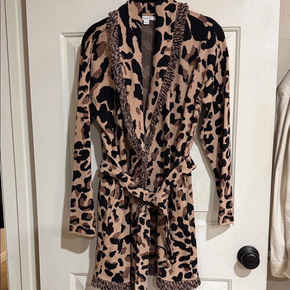 Chico's Leopard Print Sweater Robe with Fringe